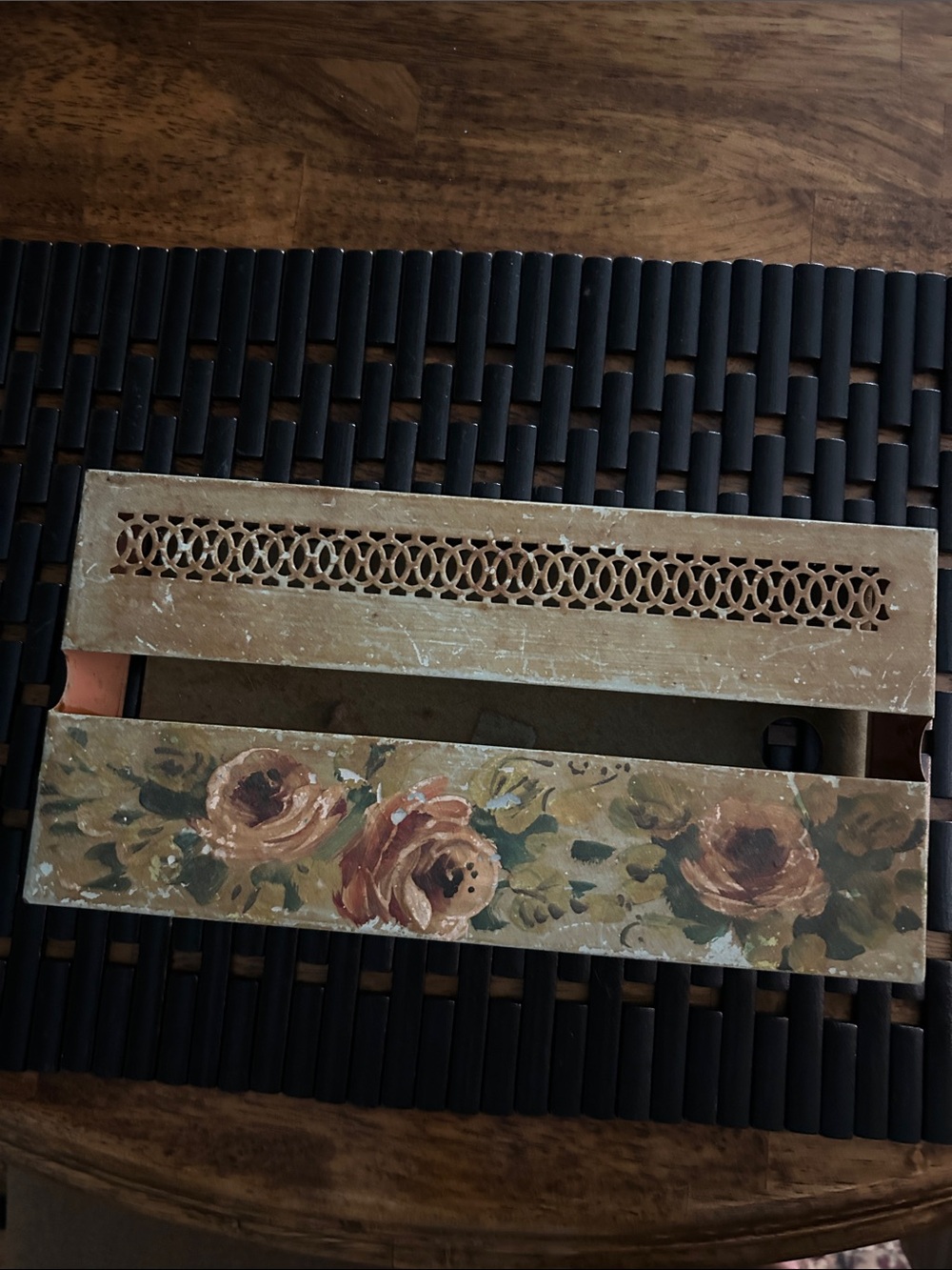 Vintage hand painted metal tissue box. Green with florals.